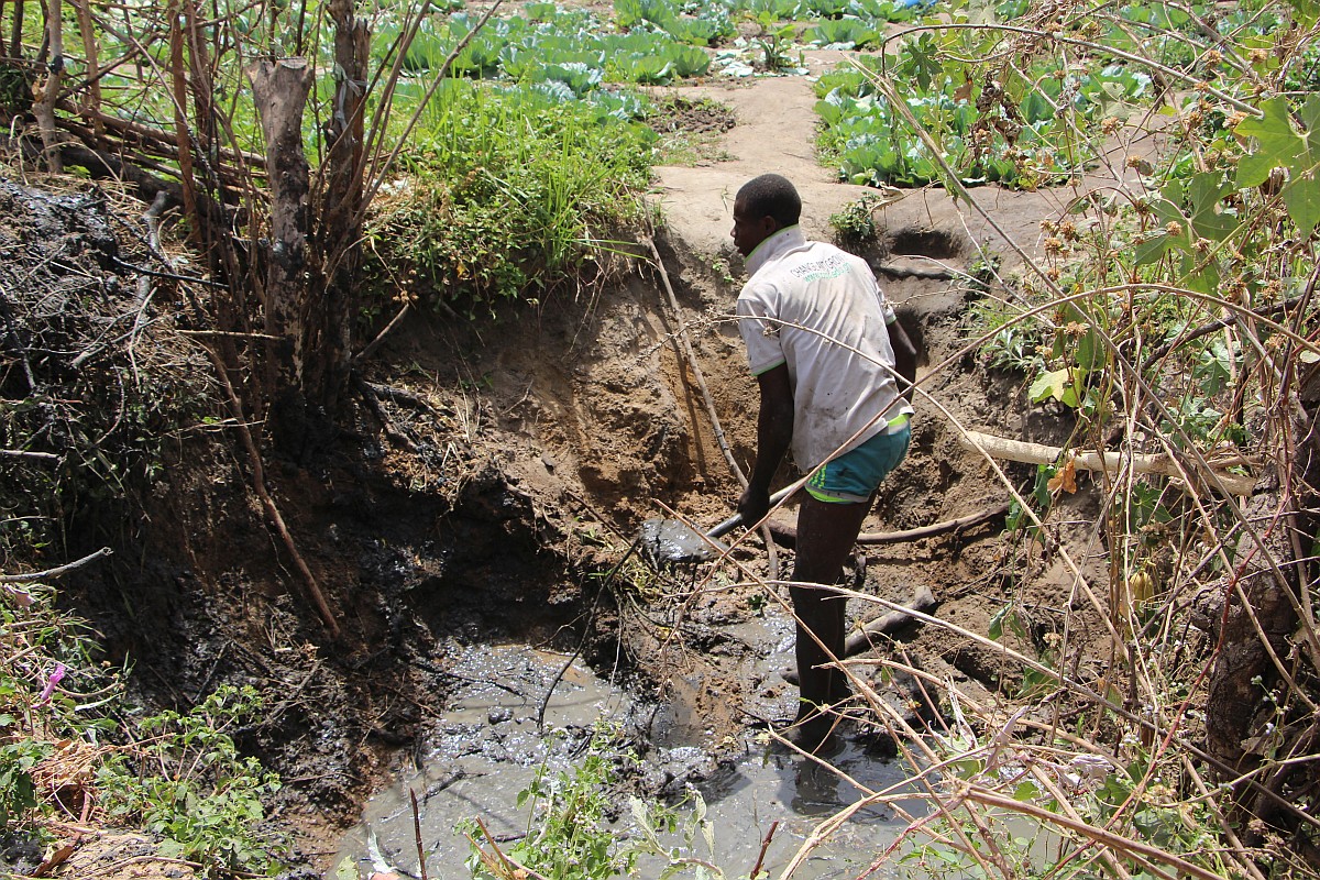 Fatawu Danyarigi desilting a dugout in Loggu. Photo: IWMI 