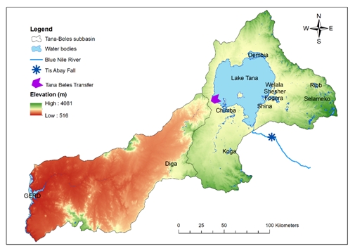 Water bodies in the Tana-Beles sub-basin of the Blue Nile, Ethiopia. Natural storage includes Lake Tana, wetlands such as Shehser and Chimba, and floodplains such as Fogera and Dembia. Human-made storage includes the Koga and Ribb dams, which supply large-scale irrigation projects, and small water reservoirs, including Shina, Selamko and Diga. Source: Sentinel satellite image, February 2022