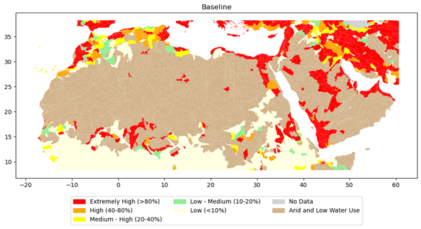 Water stress and aridity is widely spread in the populated areas of the MENA region. Water stress here is measured as the ratio of total water demand to available renewable surface and groundwater supplies. The map was created using data from the Aqueduct 4.0 Database, maintained by the World Resources Institute (WRI).